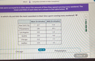 Mù]1,12 Using Mean and MAD to Make Camparsone
ids were surveyed in 6 cities about the amount of time they spend running every weekend. The
mean and MAD of each data set is shown in the table below. “
In which city are kids the most consistent in their time spent running every weekend? 4
Chicago Philadelphia
Enter