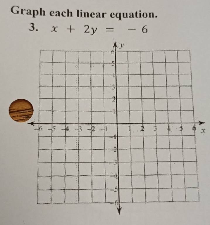 Graph each linear equation. 
3. x+2y=-6
x