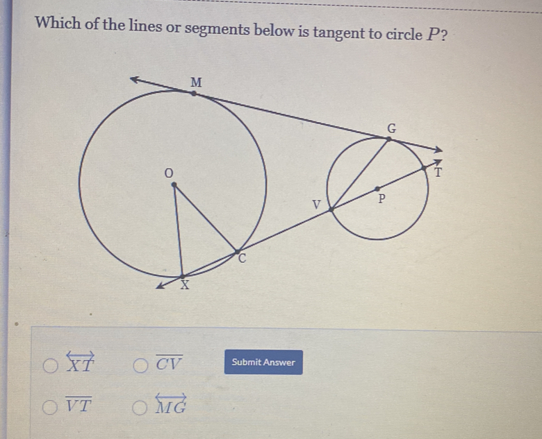 Which of the lines or segments below is tangent to circle P?
overleftrightarrow XT overline CV Submit Answer
overline VT overleftrightarrow MG