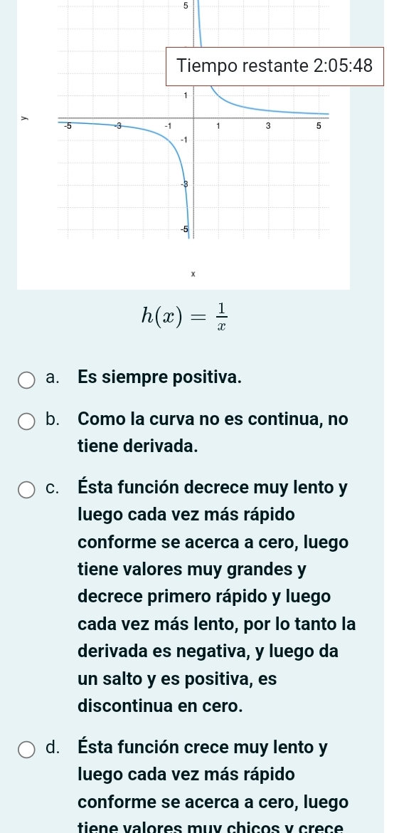 5
×
h(x)= 1/x 
a. Es siempre positiva.
b. Como la curva no es continua, no
tiene derivada.
c. Ésta función decrece muy lento y
luego cada vez más rápido
conforme se acerca a cero, luego
tiene valores muy grandes y
decrece primero rápido y luego
cada vez más lento, por lo tanto la
derivada es negativa, y luego da
un salto y es positiva, es
discontinua en cero.
d. Ésta función crece muy lento y
luego cada vez más rápido
conforme se acerca a cero, luego
tie   e valores muv chiços y creç e