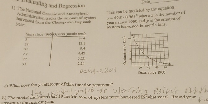 Date_ 
Evaluating and Regression 
This can be modeled by the equation 
1) The National Oceanic and Atmospheric y=50.8· 0.965^x where x is the number of 
Administration tracks the amount of oysters 
harvested from the Chesapeake Bay each years since 1900 and y is the amount of
year : 
oysters harvested in metric tons.
Years since 1900 Oysters (metric tons)
3
44.4
39 13.1
51 9.4
67 4.42
77 3.22
91 2.14
a) What does the y-intercept of this function represent? 
b) The model indicates that 19 metric tons of oysters were harvested in what year? Round your 
answer to the nearest year.