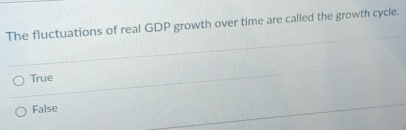 The fluctuations of real GDP growth over time are called the growth cycle.
True
False