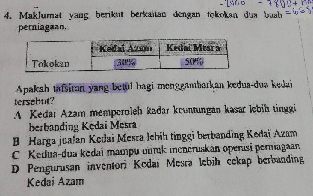 Maklumat yang berikut berkaitan dengan tokokan dua buah
perniagaan.
Apakah tafsiran yang betul bagi menggambarkan kedua-dua kedai
tersebut?
A Kedai Azam memperoleh kadar keuntungan kasar lebih tinggi
berbanding Kedai Mesra
B Harga jualan Kedaí Mesra lebih tinggi berbanding Kedai Azam
C Kedua-dua kedai mampu untuk meneruskan operasi perniagaan
D Pengurusan inventori Kedai Mesra lebih cekap berbanding
Kedai Azam