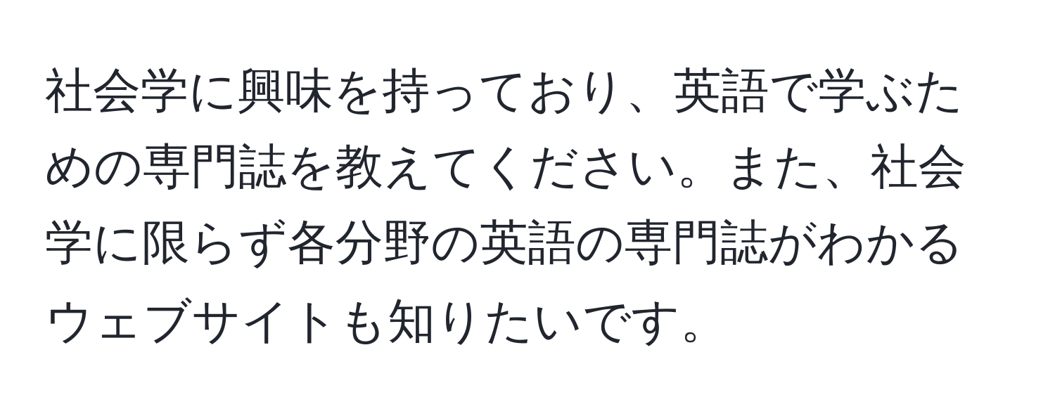 社会学に興味を持っており、英語で学ぶための専門誌を教えてください。また、社会学に限らず各分野の英語の専門誌がわかるウェブサイトも知りたいです。