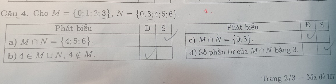 Cho M= 0;1;2;3 ,N= 0;3;4;5;6 ..
Trang 2/3 - Mã đề 107