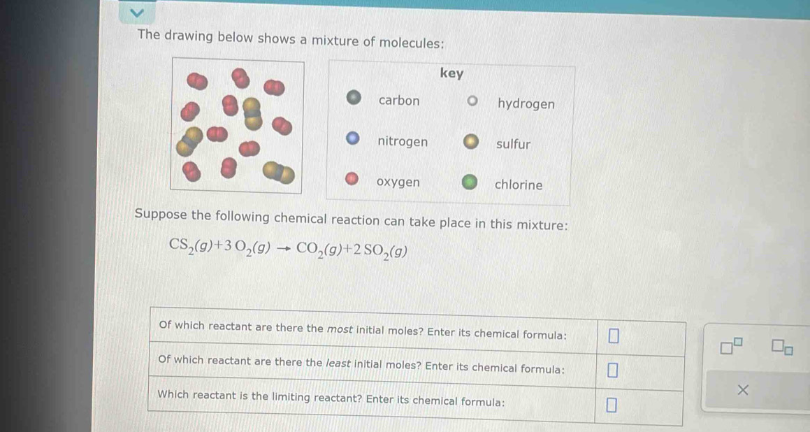 The drawing below shows a mixture of molecules: 
Suppose the following chemical reaction can take place in this mixture:
CS_2(g)+3O_2(g)to CO_2(g)+2SO_2(g)
Of which reactant are there the most initial moles? Enter its chemical formula:
□^(□)
Of which reactant are there the /east initial moles? Enter its chemical formula: 
× 
Which reactant is the limiting reactant? Enter its chemical formula: