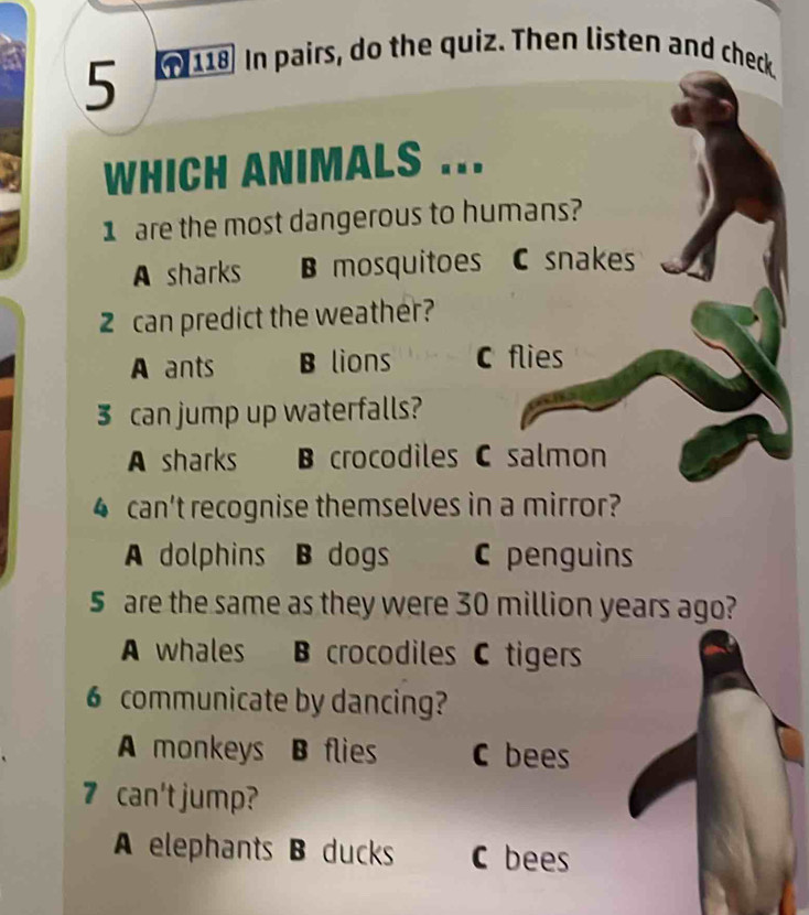 5 110 In pairs, do the quiz. Then listen and check
WHICH ANIMALS . ..
1 are the most dangerous to humans?
A sharks B mosquitoes C snakes
2 can predict the weather?
A ants B lions C flies
3 can jump up waterfalls?
A sharks B crocodiles C salmon
4 can't recognise themselves in a mirror?
A dolphins B dogs C penguins
5 are the same as they were 30 million years ago?
A whales B crocodiles C tigers
6 communicate by dancing?
A monkeys B flies C bees
7 can't jump?
A elephants B ducks C bees