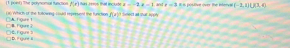 The polynomial function f(x) has zeros that include x=-2, x=1 , and x=3. It is positive over the interval (-2,1)∪ (3,4). 
(a) Which of the following could represent the function f(x) ? Select all that apply.
A. Figure 1
B. Figure 2
C. Figure 3
D. Figure 4