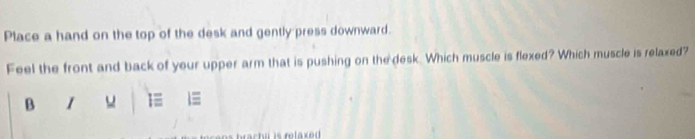 Place a hand on the top of the desk and gently press downward. 
Feel the front and back of your upper arm that is pushing on the desk. Which muscle is flexed? Which muscle is relaxed? 
B 1 1≡ 1≡