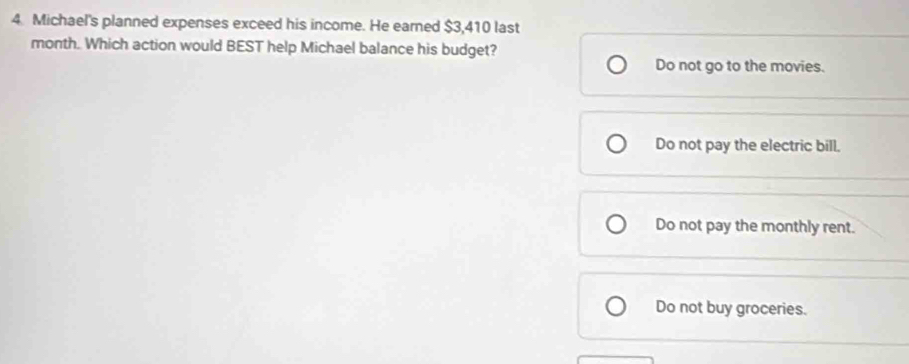 Michael's planned expenses exceed his income. He earned $3,410 last
month. Which action would BEST help Michael balance his budget?
Do not go to the movies.
Do not pay the electric bill.
Do not pay the monthly rent.
Do not buy groceries.