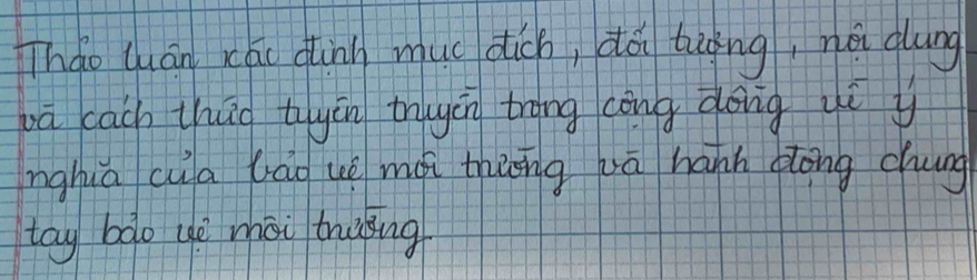 Tháo quán xáu dinn muc dich, dái tiǒng, nà dung 
pā cach thuà tiyān tyán trāng cōng dong ui y 
nghua cua lag ué mài thng wā hann dlong chung 
tay bdo ue mài triǒng