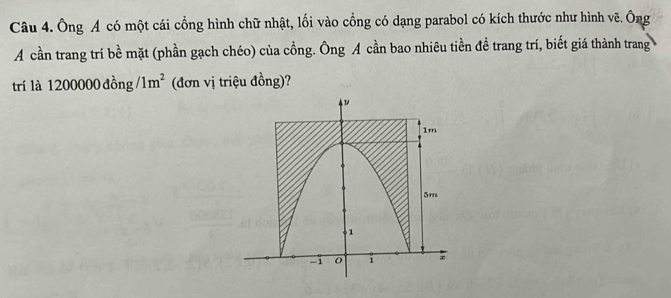 Ông A có một cái cồng hình chữ nhật, lối vào cổng có dạng parabol có kích thước như hình vẽ. Ông 
A cần trang trí bề mặt (phần gạch chéo) của cồng. Ông A cần bao nhiêu tiền đề trang trí, biết giá thành trang 
trí là 1200000 đồng /1m^2 (đơn vị triệu đồng)?