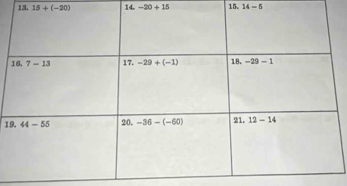 15+(-20) 14. -20+15 15. 14-5
1