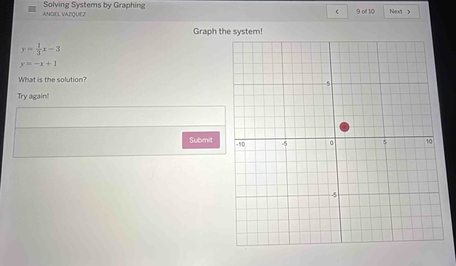 Solving Systems by Graphing
<
ANGEL VAZQUEZ 9 of 10 Next >
Graph the system!
y= 1/3 x-3
y=-x+1
What is the solution?
Try again!
Submit