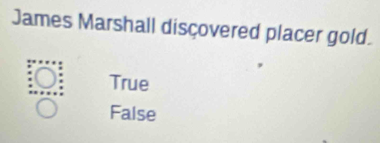 James Marshall discovered placer gold.
True
False