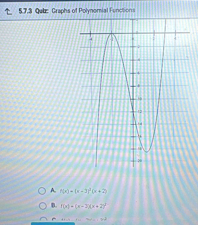 Qulz: Graphs of Polynomial Functions
A. f(x)=(x-3)^2(x+2)
B. f(x)=(x-3)(x+2)^2
2