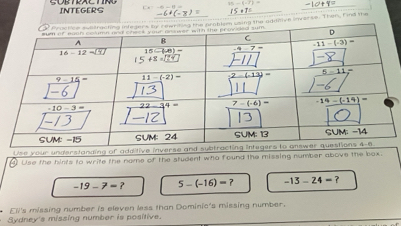 INTEGERS . 75-(-7)= _
_
re invarse. Then, Find the
Use your understanding of additiv
Use the hints to write the nome of the student who found the missing number above the box.
-19-7=? 5-(-16)=? -13-24=?
Eli's missing number is eleven less than Dominic's missing number.
Sydney's missing number is positive.