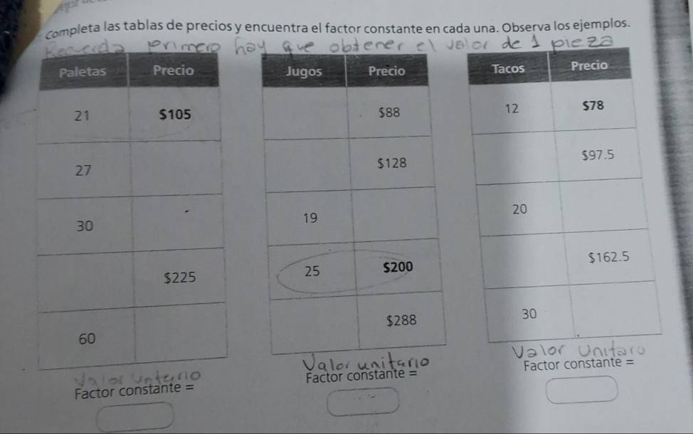 completa las tablas de precios y encuentra el factor constante en cada una. Observa los ejemplos. 

Factor constante = Factor constante = Factor constante =