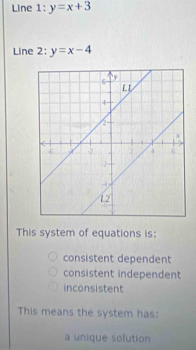 Line 1: y=x+3
Line 2: y=x-4
This system of equations is:
consistent dependent
consistent independent
inconsistent
This means the system has:
a unique solution