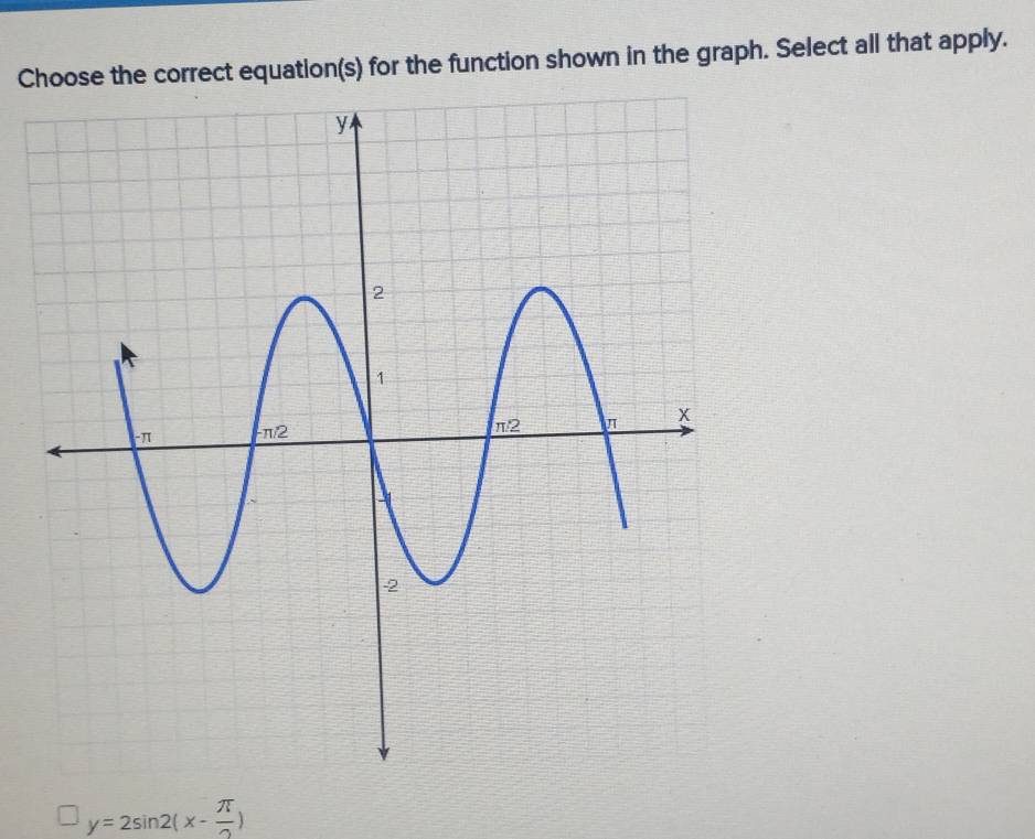 Choose the correct equation(s) for the function shown in the graph. Select all that apply.
y=2sin 2(x- π /2 )