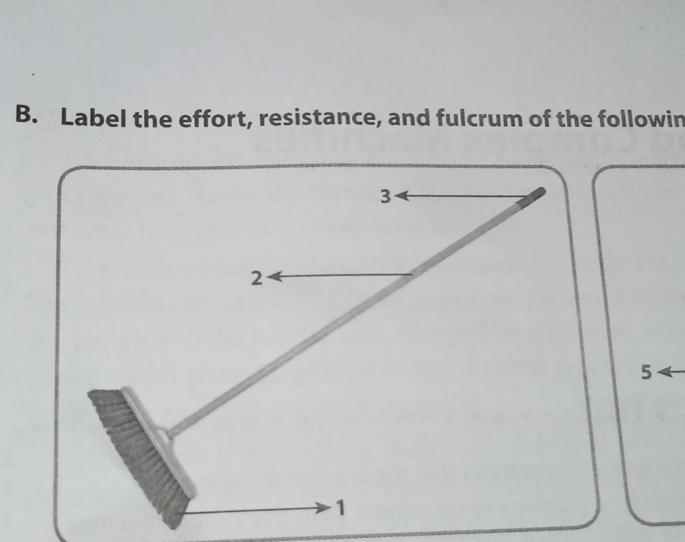 Label the effort, resistance, and fulcrum of the followin 
5