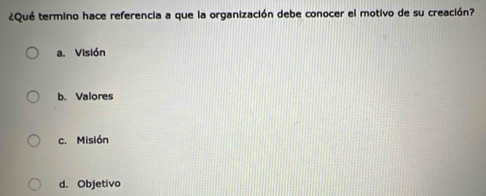 ¿Qué termino hace referencia a que la organización debe conocer el motivo de su creación?
a. Visión
b. Valores
c. Misión
d. Objetivo