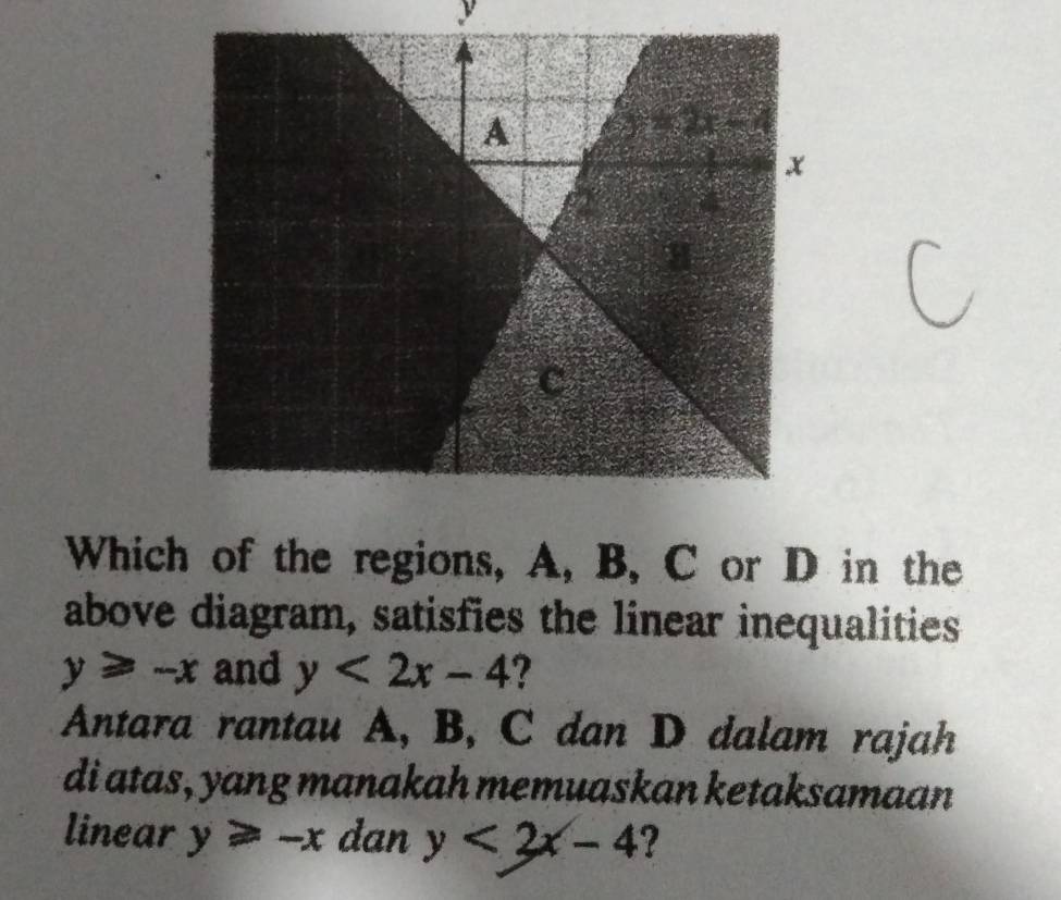 、 
Which of the regions, A, B, C or D in the 
above diagram, satisfies the linear inequalities
y≥slant -x and y<2x-4</tex> ? 
Antara rantau A, B, C dan D dalam rajah 
di atas, yang manakah memuaskan ketaksamaan 
linear y≥slant -x dan y<2x-4</tex> ?