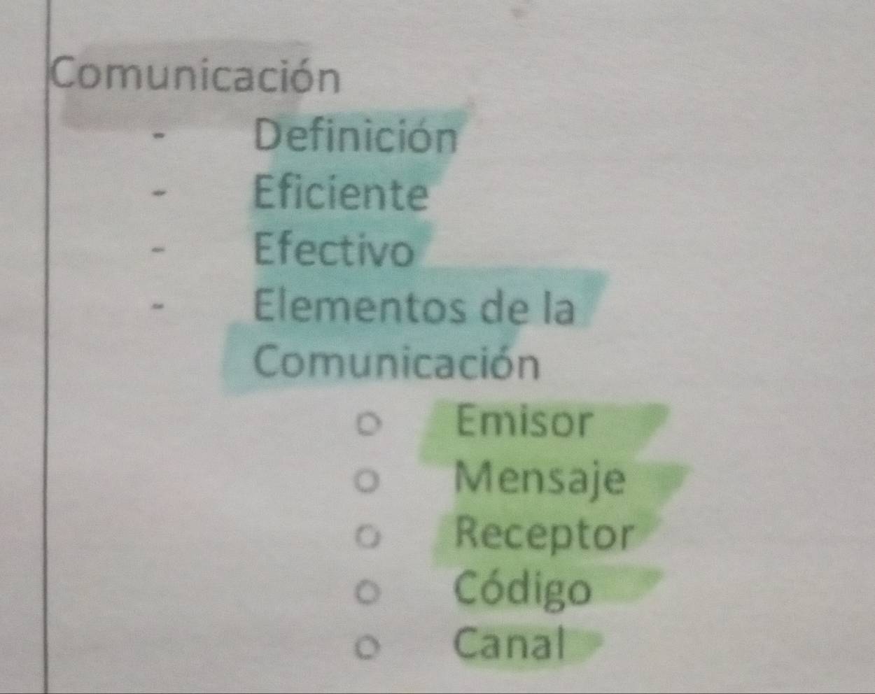 Comunicación
Definición
Eficiente
Efectivo
Elementos de la
Comunicación
Emisor
Mensaje
Receptor
Código
Canal