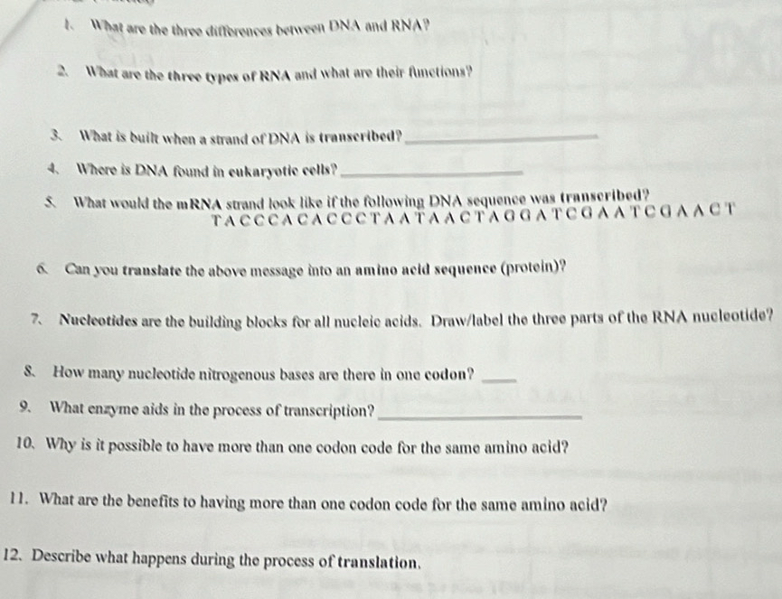 What are the three differences between DNA and RNA? 
2. What are the three types of RNA and what are their functions? 
3. What is built when a strand of DNA is transcribed?_ 
4. Where is DNA found in eukaryotic cells?_ 
5. What would the mRNA strand look like if the following DNA sequence was (ranscribed? 
TA C C CA C A C C C TAA TA A C TAG GA T C GA A TC GA A C T 
6. Can you translate the above message into an amino acid sequence (protein)? 
7. Nucleotides are the building blocks for all nucleic acids. Draw/label the three parts of the RNA nucleotide? 
8. How many nucleotide nitrogenous bases are there in one codon?_ 
9. What enzyme aids in the process of transcription?_ 
10. Why is it possible to have more than one codon code for the same amino acid? 
11. What are the benefits to having more than one codon code for the same amino acid? 
12. Describe what happens during the process of translation.