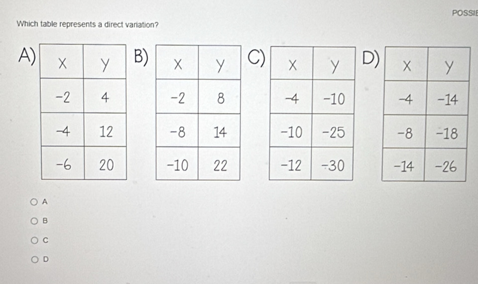 POSSIE
Which table represents a direct variation?
A)B)C)D)



A
B
C
D