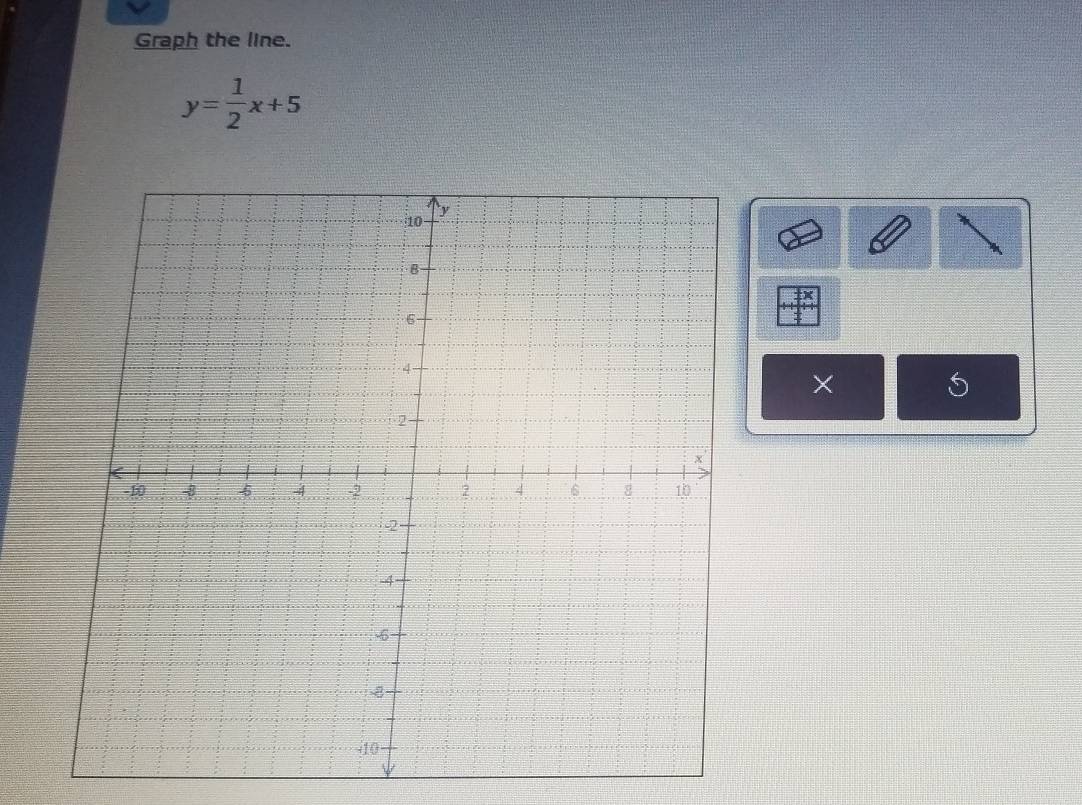 Graph the line.
y= 1/2 x+5
× 
S