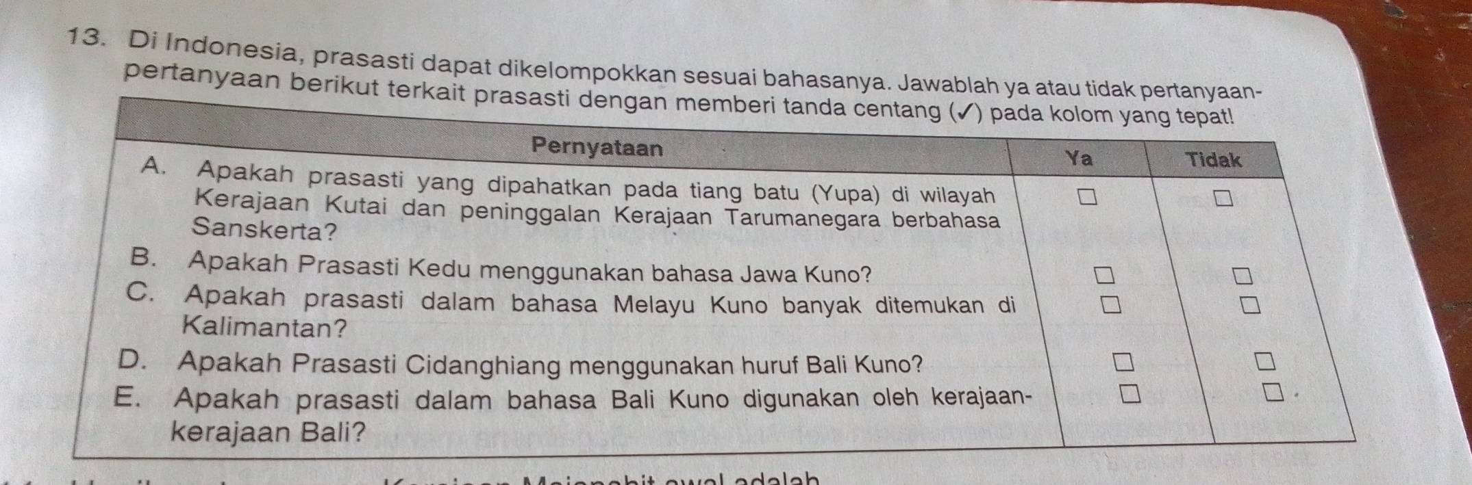 Di Indonesia, prasasti dapat dikelompokkan sesuai bahasanya. Jawablah ya at 
pertanyaan berikut