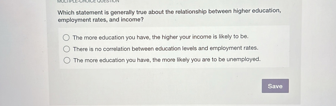 MULTPLE-CHOICE C
Which statement is generally true about the relationship between higher education,
employment rates, and income?
The more education you have, the higher your income is likely to be.
There is no correlation between education levels and employment rates.
The more education you have, the more likely you are to be unemployed.
Save