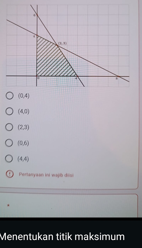 (4,0)
(2,3)
(0,6)
(4,4)
Pertanyaan ini wajib diisi
*
Menentukan titik maksimum