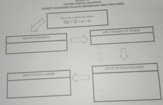 SOLVING RADICAL EQUATIONS
STUDENT'S WORKSHEET ON MATH-BREAKER MAP (MBM STRUCTURED)
Solve the radical equation:
sqrt[3](6x+12)+4=12
ISOLATE THE RADICAL APPLY PRINCIPLE Of POWERS
WRITE THE FINAL ANSWER SOLVE THE LINEAR EQUATION