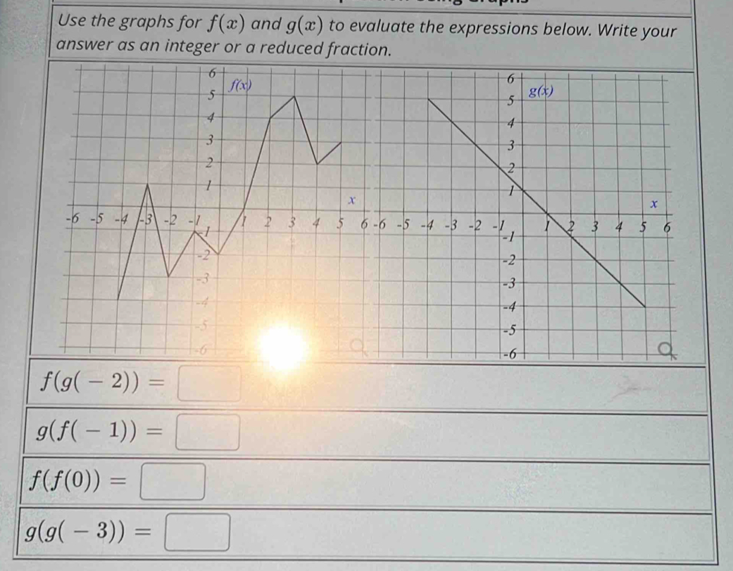 Use the graphs for f(x) and g(x) to evaluate the expressions below. Write your
answer as an integer or a reduced fraction.
f(g(-2))=□
g(f(-1))=□
f(f(0))=□
g(g(-3))=□