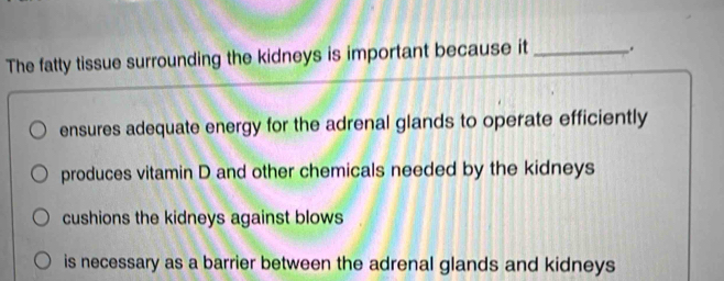 The fatty tissue surrounding the kidneys is important because it .
ensures adequate energy for the adrenal glands to operate efficiently
produces vitamin D and other chemicals needed by the kidneys
cushions the kidneys against blows
is necessary as a barrier between the adrenal glands and kidneys