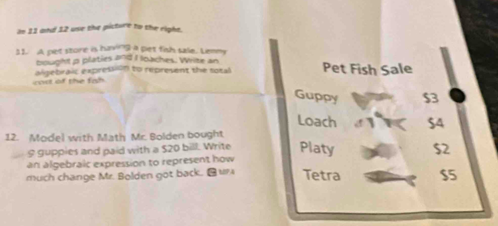 In 11 and 12 use the picture to the right. 
11. A pet store is having a pet fish sale. Lenmy 
bought p platies and I loaches. Write an Pet Fish Sale 
algebraic expression to represent the sotal 
cost of the fah 
Guppy $3
Loach $4
12. Model with Math Mr. Bolden bought 
9 guppies and paid with a $20 bill. Write Platy $2
an algebraic expression to represent how 
much change Mr. Bolden got back. C u 
Tetra $5