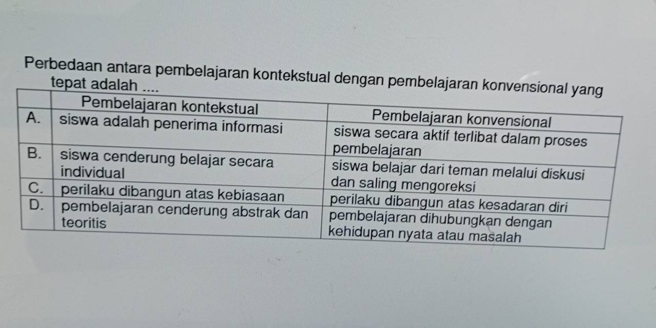 Perbedaan antara pembelajaran kontekstual dengan pembelaj 
tepa