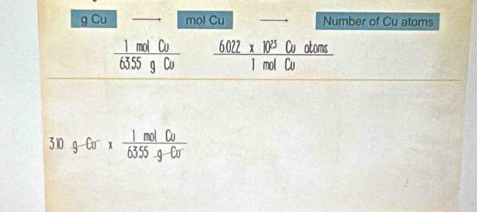 Cu mol Cu Number of Cu atoms
 1molCu/6355gCu   (6022* 10^(23)Cuotoms)/1molCu 
310g-Co^-*  1molCu/63.55-g-Cu 