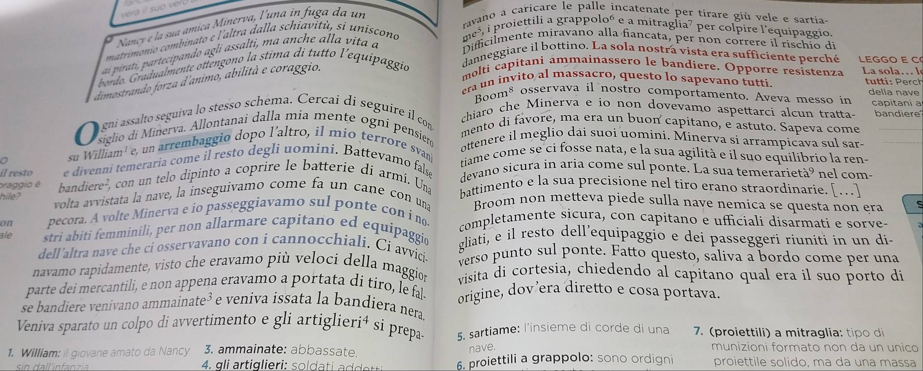 ravano a caricare le palle incatenate per tirare giù vele e sartia-
Nancy e la sua amica Minerva, l'una in fuga da un
, i proiettili a grappoloó e a mitraglia7 per colpire l’equipaggio.
matrimonio combinato e l'altra dalla schiavitù, si uniscono
m e^>
ai pirati, partecipando agli assalti, ma anche alla vita a
Difficilmente miravano alla fiancata, per non correre il rischio di
bodoo  radualmente ottengono la stima di tutto lequipaggia
danneggiare il bottino. La sola nostra vista era sufficiente perché LEGGO E C
dimostrando forza d'animo, abilità e coraggio.
molti capitani ammainassero le bandiere. Opporre resistenza La sola… l
era un invito al massacro, questo lo sapevano tutti. tutti: Perch
della nave
Boon 1^8 8 osservava il nostro comportamento. Aveva messo in capitani a
gni assalto seguiva lo stesso schema. Cercai di seguire il con
chiaro che Minerva e io non dovevamo aspettarci alcun tratta- bandiere
mento di favore, ma era un buon capitano, e astuto. Sapeva come
siglio di Minerva. Allontanai dalla mia mente ogni pensier ottenere il meglio dai suoi uomini. Minerva si arrampicava sul sar-
su William' e, un arrembaggio dopo l’altro, il mio terrore svan
tiame come se ci fosse nata, e la sua agilità e il suo equilibrio la ren-
il resto e divenni temeraria come il resto degli uomini. Battevamo false devano sicura in aria come sul ponte. La sua temerariet 25 nel com-
praggio é bandie re^2 con un telo dipinto a coprire le batterie di armi. Una battimento e la sua precisione nel tiro erano straordinarie. [ …]
hile? volta avvistata la nave, la inseguivamo come fa un cane con una Broom non metteva piede sulla nave nemica se questa non era
on pecora. A volte Minerva e io passeggiavamo sul ponte con i no, completamente sicura, con capitano e ufficiali disarmati e sorve-
ale stri abiti femminili, per non allarmare capitano ed equipaggio gliati, e il resto dell’equipaggio e dei passeggeri riuniti in un di-
dell’altra nave che ci osservavano con i cannocchiali. Ci avvici verso punto sul ponte. Fatto questo, saliva a bordo come per una
navamo rapidamente, visto che eravamo più veloci della maggiorn visita di cortesia, chiedendo al capitano qual era il suo porto di
parte dei mercantili, e non appena eravamo a portata di tiro, le fal origine, dov’era diretto e cosa portava.
se bandiere venivano ammaina te^3 e veniva issata la bandiera nera
Veniva sparato un colpo di avvertimento e gli artiglier ri^4 si prepa 5. sartiame: l'insieme di corde di una 7. (proiettili) a mitraglia: tipo di
nave.
1. William: il giovane amato da Nancy 3. ammainate: abbassate. munizioni formato non da un unico
sin dallinfanzia 6. proiettili a grappolo: sono ordigni proiettile solido, ma da una massa
4.  l  rt l ri: s