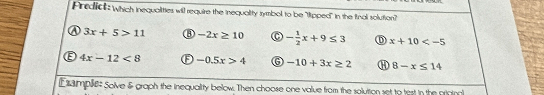 Predict: Which inequalities will require the inequality symbol to be "tlipped" in the final solution?
3x+5>11 -2x≥ 10 - 1/2 x+9≤ 3 D x+10
E 4x-12<8</tex> F -0.5x>4 -10+3x≥ 2 8-x≤ 14
Examplle: Solve & graph the inequality below. Then choose one value from the solution set to test in the origina