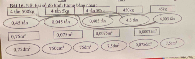 Nối hai số đo khối lương bằng nhau :
4 tấn 500kg 4 tấn 5kg 4 tấn 50kg 450kg 45kg
0,45 tấn 0,045 tấn 0,405 tần 4,5 tấn 4,005 tấn
0,75m^2 0,075m^2 0,0075m^2 0.00075m^2
0,75dm^2 750cm^2 75dm^2 7,5dm^2 0,075dm^2 7,5cm^2