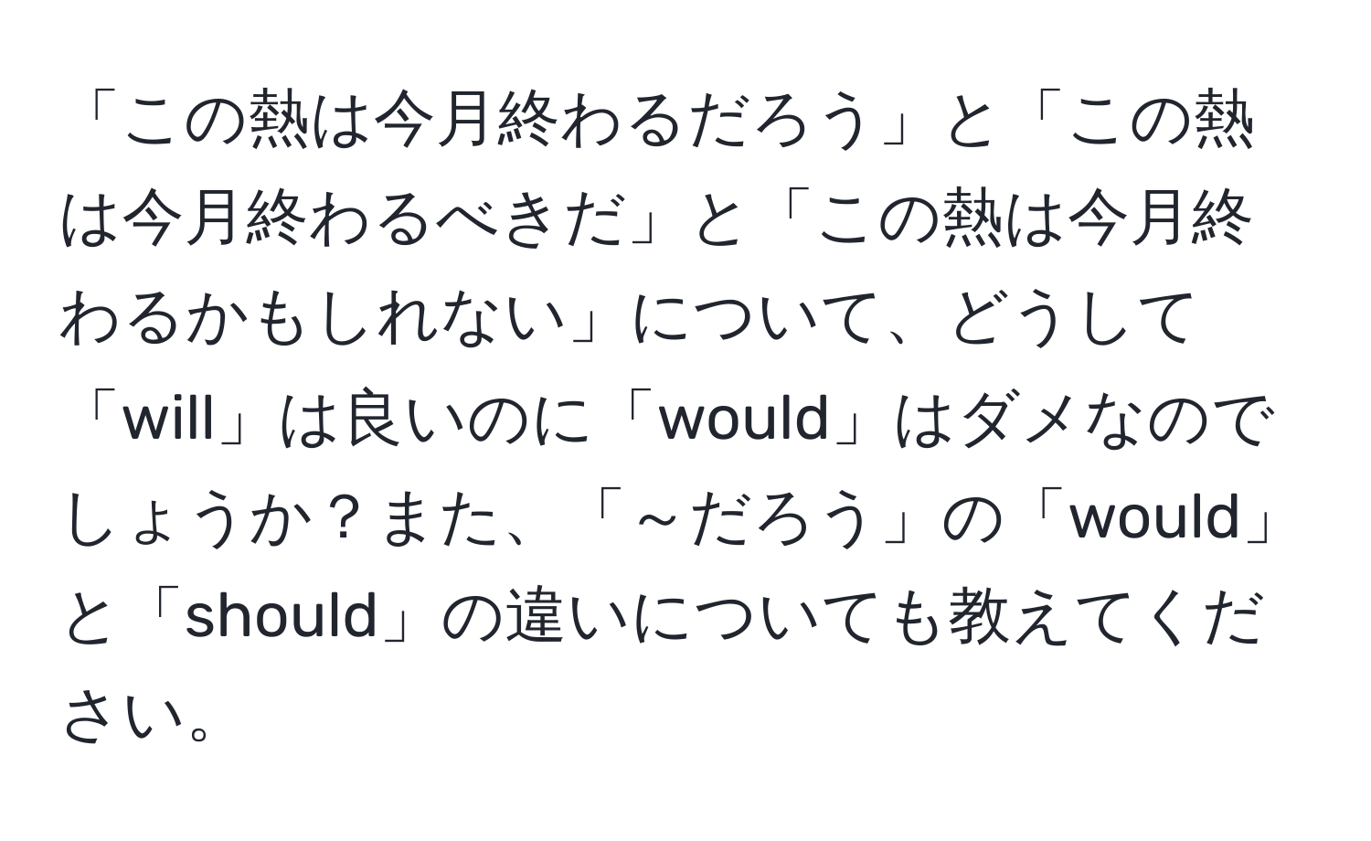 「この熱は今月終わるだろう」と「この熱は今月終わるべきだ」と「この熱は今月終わるかもしれない」について、どうして「will」は良いのに「would」はダメなのでしょうか？また、「～だろう」の「would」と「should」の違いについても教えてください。