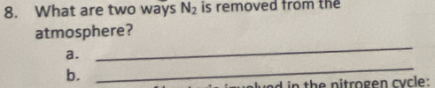 What are two ways N_2 is removed from the
atmosphere?
_
a.
_
b.
wed in the nitrogen cyc le