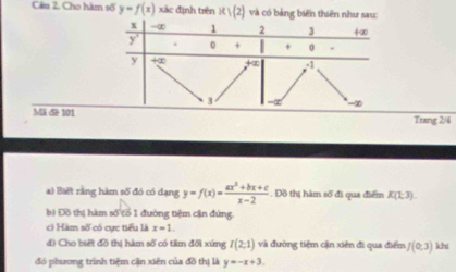 Cho hàm số y=f(x) xác định trên R|(2) và có bảng biến thiên như sau:
Mã đã 101 Trang 2/4
a) Biết rằng hàm số đó có dạng y=f(x)= (ax^2+bx+c)/x-2 . Đồ thị hàm số đi qua điểm K(1;3).
b) Đồ thị hàm số cổ 1 đường tiệm cận đứng
c Hàm số có cực tiểu là x=1.
đ) Cho biết đồ thị hàm số có tâm đối xứng I(2,1) và đường tiệm cận xiên đi qua điểm J(0,3) khí
đó phương trình tiệm cận xiên của đồ thị là y=-x+3.