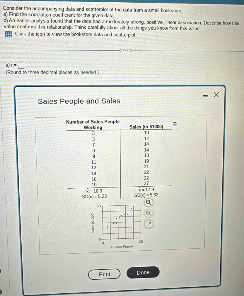 Consider the accompanying data and scatterplot of the data from a small bookstore.
a) Find the correlation coefficient for the given data.
b) An earlier analysis found that the data had a moderately strong, positive, linear association. Describe how this
value confirms this relationship. Think carefully about all the things you know from this value.
Click the icon to view the bookstore data and scatterplot.
a) r=□
(Round to three decimal places as needed.)
×
Sales People and Sales
30
.
0
。
25
# Sales People
Print Done