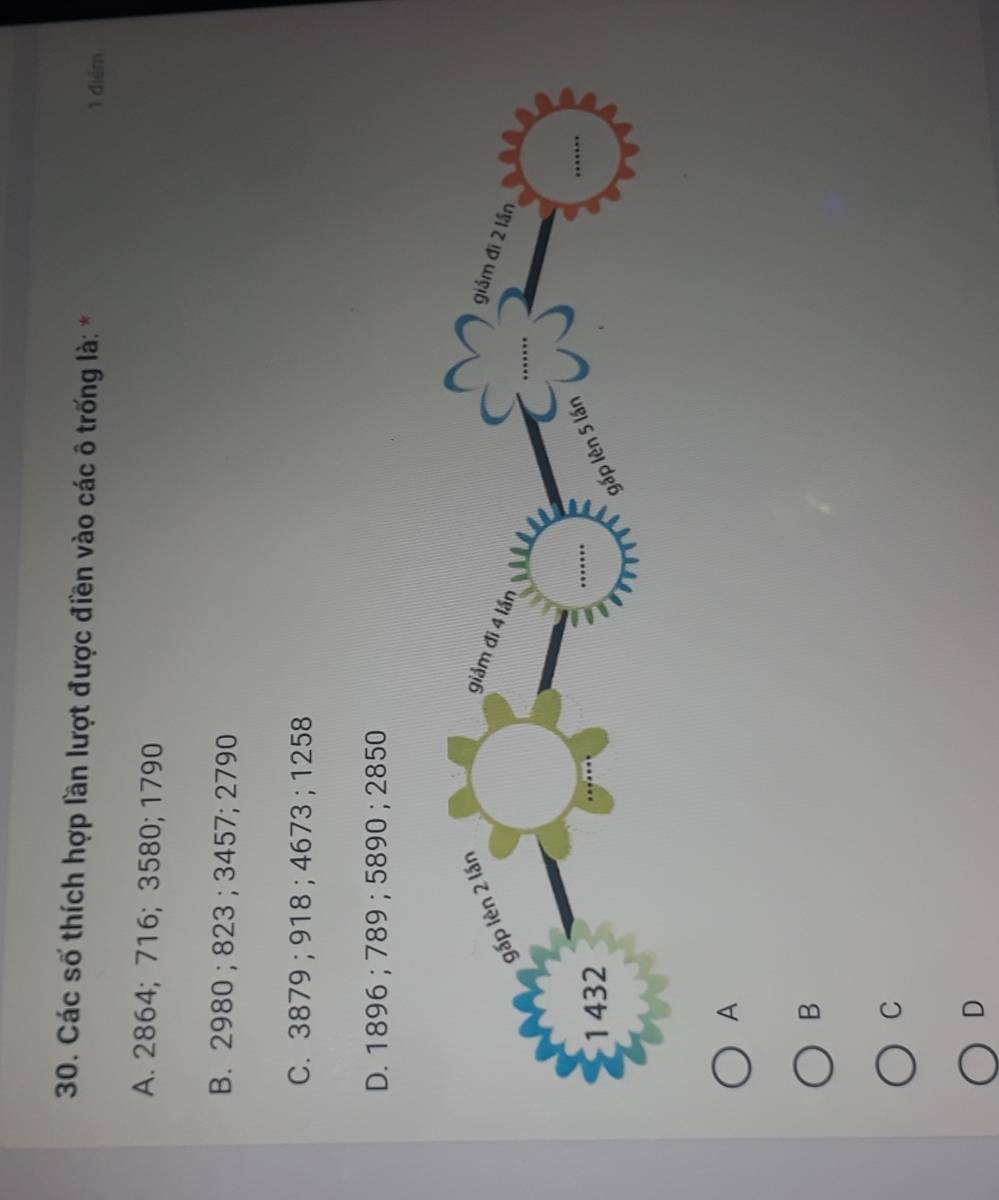 Các số thích hợp lần lượt được điền vào các ô trống là: *
1 điểm
A. 2864; 716; 3580; 1790
B. 2980; 823; 3457; 2790
C. 3879; 918; 4673; 1258
D. 1896; 789; 5890; 2850
A
B
C
D