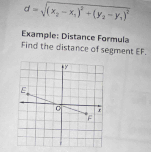 d=sqrt((x_2)-x_1)^2+(y_2-y_1)^2
Example: Distance Formula 
Find the distance of segment EF.