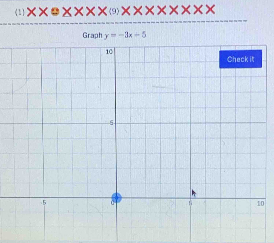 (1) * * circ * * * * (9 * * * * * * * *
Graph y=-3x+5
0